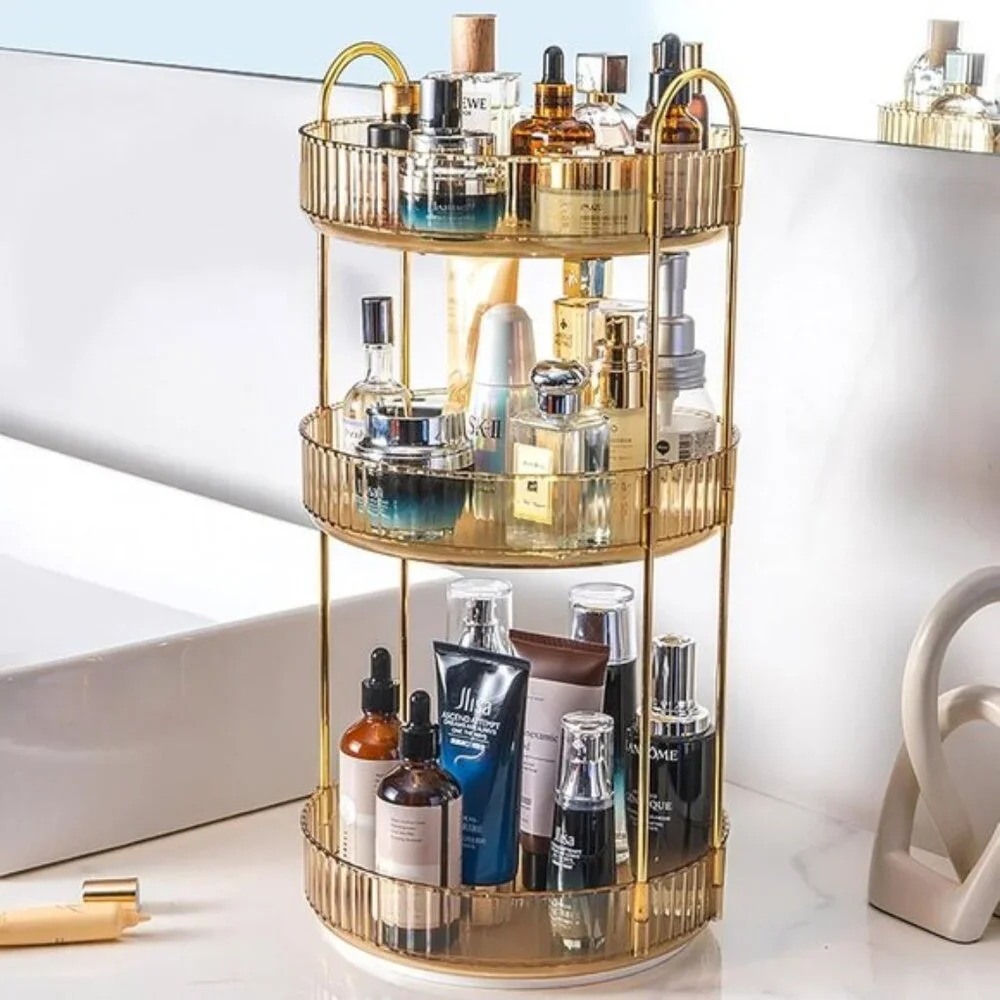 New 3-Tier Rotating Makeup Organizer, Clear Amber Gold Vanity & Skincare Storage